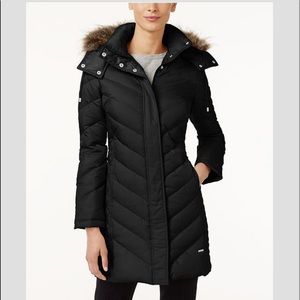 Faux Fur Trim Chevron Quilted Coat